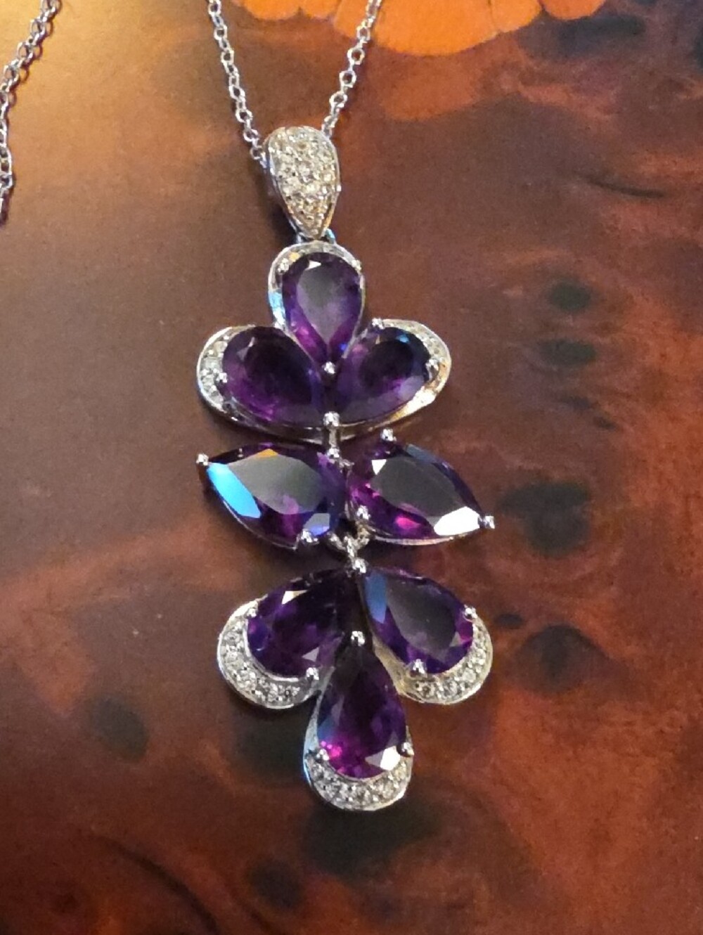 JTV African Amethyst White Zircon Silver Pendant With Chain